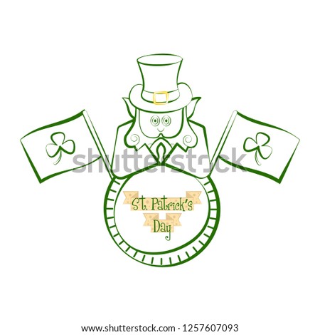 Sketch of a irish elf with a saint patricks day labels and clovers flags. Vector illustration design