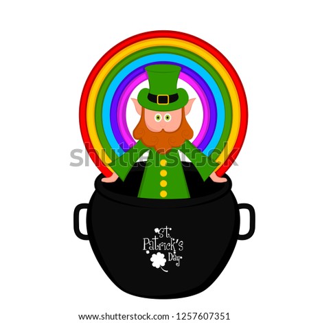 Irish elf in a pot with a rainbow. Saint patricks day. Vector illustratin design