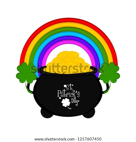 Gold coin pot with rainbow and clovers. Vector illustration design