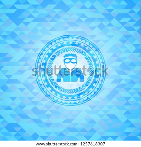 thief icon inside light blue emblem with triangle mosaic background