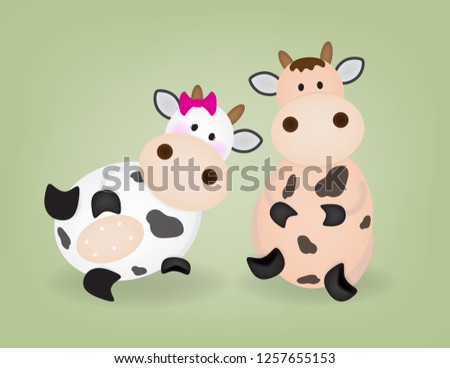 Cow and Bull vector illustration silhouetted on green background with shadow.