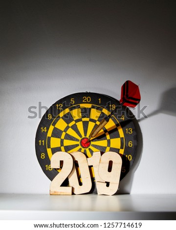 New year 2019 Dart board hanging with red dart hit at target on on gray wall background, Business and technology goals