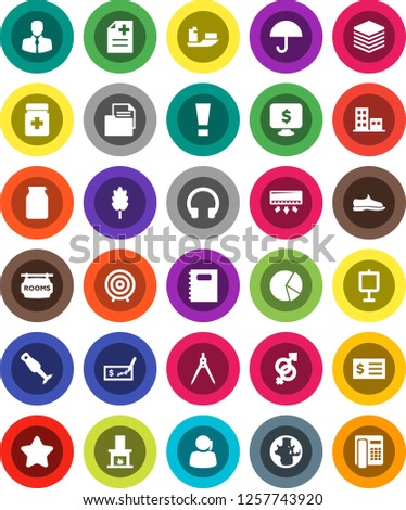 White Solid Icon Set- blender vector, jar, cereal, copybook, drawing compass, presentation, world, pie graph, check, receipt, target, monitor dollar, snickers, support, client, ship, document, star