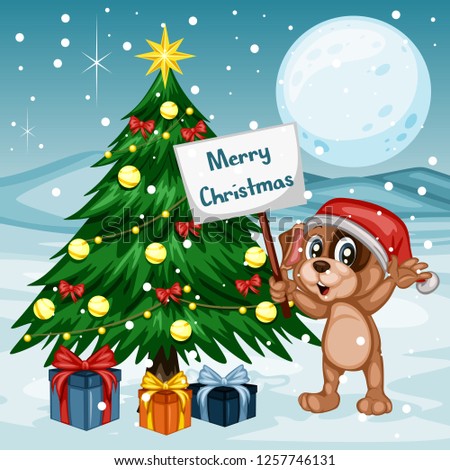 Vector Illustration of a Happy Dog Next to Christmas Tree. Wearing a Christmas Hat and holding Text Banner. Cute Cartoon Puppy Cheering On Winter Background. Happy Animals Set