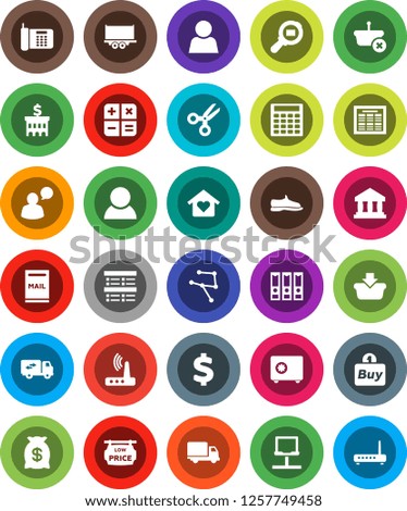 White Solid Icon Set- schedule vector, scissors, exam, bank, building, calculator, binder, safe, dollar sign, snickers, truck trailer, delivery, cargo search, speaking man, network, notebook, router
