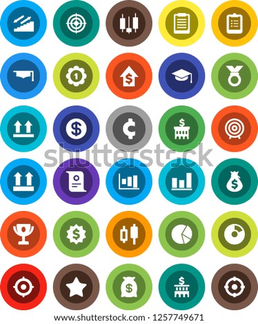 White Solid Icon Set- graduate hat vector, clipboard, award cup, certificate, graph, pie, japanese candle, money bag, dollar growth, bank building, target, medal, cent sign, stairways run, top, coin