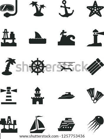 Solid Black Vector Icon Set - anchor vector, sea port, commercial seaport, lighthouse, coastal, sand castle, sail boat, beach, palm tree, starfish, flippers, diving mask, surfing, handwheel, cruiser