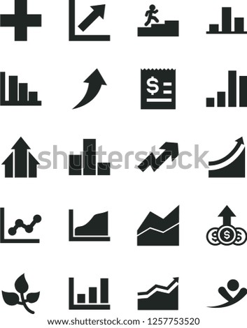 Solid Black Vector Icon Set - growth up vector, plus, bar chart, line, graph, positive histogram, leaves, article on the dollar, carrer stairway, arrow, arrows, flying man