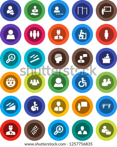 White Solid Icon Set- blackboard vector, student, manager, man, horizontal bar, stairways run, client, speaking, group, disabled, doctor, crutches, head bandage, user, login, search, consumer