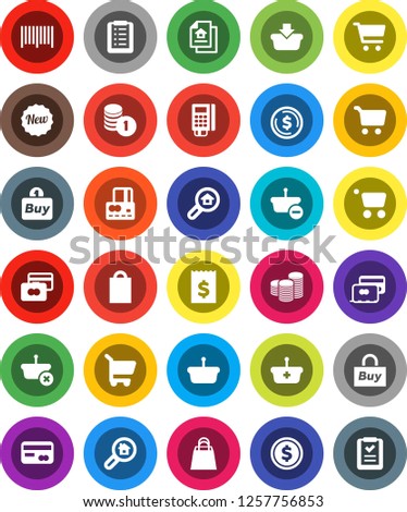 White Solid Icon Set- dollar coin vector, cart, credit card, stack, receipt, estate document, search, new, shopping bag, buy, barcode, reader, basket, list