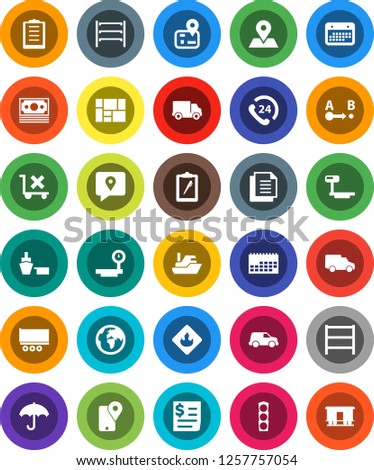 White Solid Icon Set- navigator vector, earth, map pin, money, traffic light, phone 24, traking, ship, truck trailer, delivery, car, calendar, receipt, port, consolidated cargo, clipboard, document