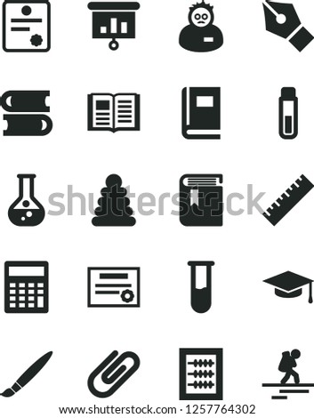 Solid Black Vector Icon Set - tassel vector, yardstick, calculator, book, new abacus, stacking rings, books, clip, flask, presentation, test tube, scientist, graduate hat, patente, ink pen
