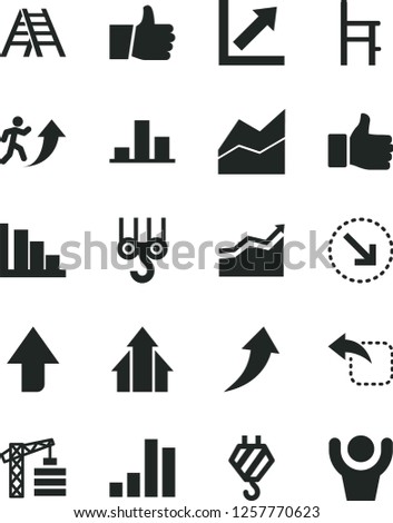 Solid Black Vector Icon Set - upward direction vector, line chart, growth, positive histogram, a chair for feeding, tower crane, hook, winch, ladder, thumb up, move left, right bottom arrow, bar
