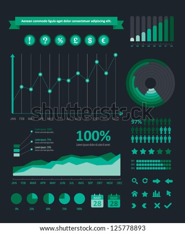 Detail info graphics collection: graphs, histograms, arrows, chart, icons and a lot of related design elements. Detail info graphic vector illustration. Information Graphics