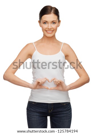 picture of woman in blank t-shirt forming heart shape