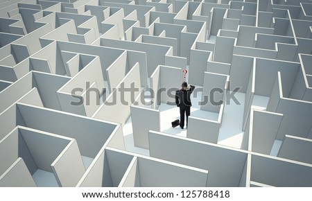Businessman standing in center of the maze. Make a difficult decision. Achieving the goal. Without the sign "Welcome" on the wall. Wide angle. Blueprint. Encounter difficulties