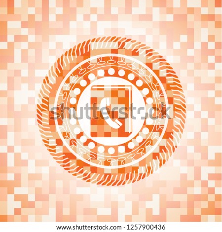 phonebook icon inside abstract orange mosaic emblem with background