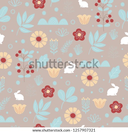 Flower seamless pattern, nature, hare, flowers and leaves, hand drawn, abstract, flowers flat design, vector illustration