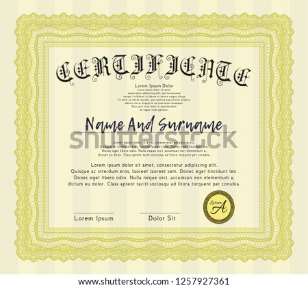 Yellow Sample Diploma. Detailed. With complex linear background. Nice design. 