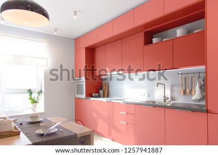 Kitchen interior in light colors. Scandinavian style. . Color of the year 2019 living coral. banner Royalty-Free Stock Photo #1257941887