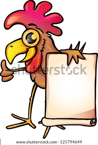  funny cartoon chicken with blank banner isolated /Chicken with banner
