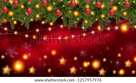 Christmas tree garland on the background of an empty wall with festive illumination. Christmas balls on the garland.