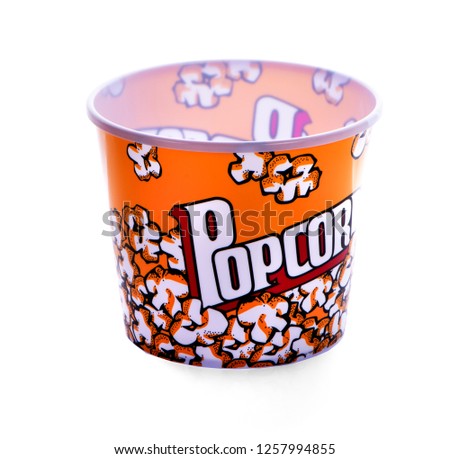 Empty pop corn bucket on white background