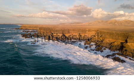 aerial view west coast of Fuerteventura at sunset, canary islands