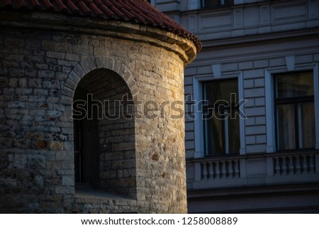 Rotunda window detail in historic center of Prague. Rotunda of the Finding of the Holy Cross.