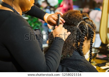 Close up african hairstylist braided hair of afro american female client in the barber salon. Black healthy hair culture and Style. Stylish therapy professional care concept. Selective focus Royalty-Free Stock Photo #1258021516