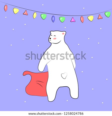 postcard, white bear peeked in Santa's sack