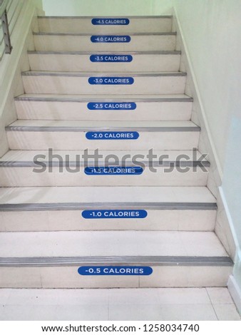 Stair that show blue calories burn count label each steps. Concept; take stair instead of lift for good health (Also save electrics). New year resolution to keep fit and stay strong.