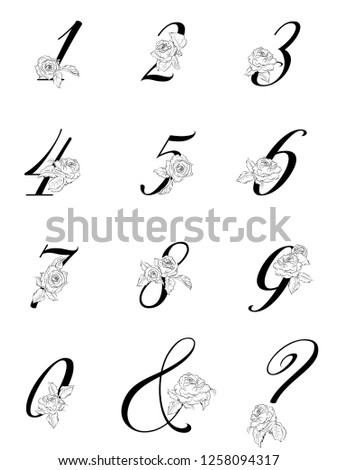Vector  floral numbers. Numbers with decorative roses. Floral elements of a wedding card, invitations. Elegant rich modern numbers. 