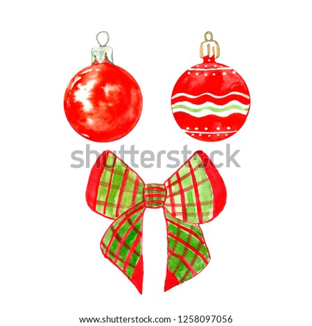 Set of festive Christmas tree decorations, red glass baubles ornament and christmas tree bow, isolated on white background. Winter Holidays cards, invitations. 