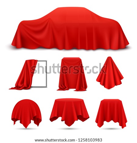 Red silk cloth covered objects realistic set with draped frame car hanging napkin tablecloth curtain vector illustration Royalty-Free Stock Photo #1258103983