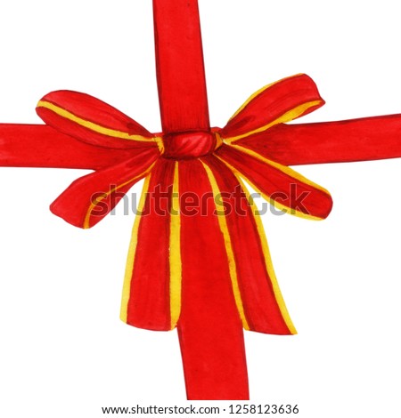 Red gift bow. Watercolor drawing