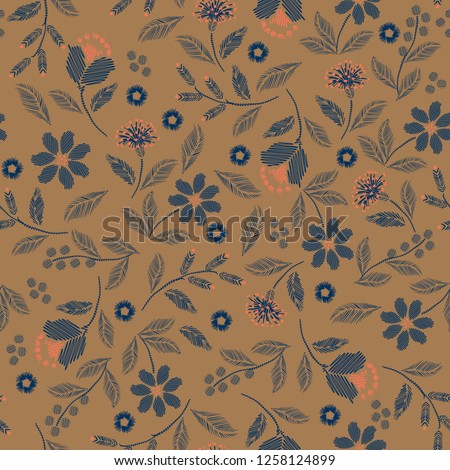 Vintage Embroidery seamless pattern with beautiful wild flowers delicate vector print  illustration design for fashion ,fabric,wallpaper,cover,web, and all prints on retro brown  background color