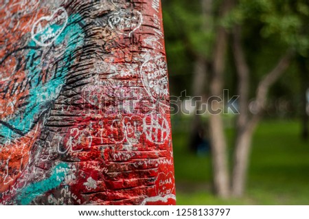 Beautiful landscape with objects. Beautiful view and background texture of the stone, painted with inscriptions.