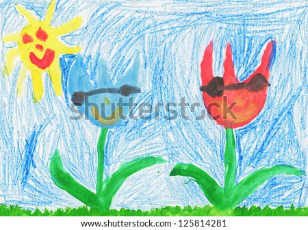 Child drawing sunny summer day, flowers, sky, sun.