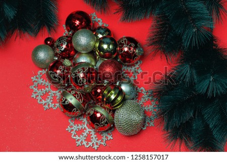 Christmas ornaments decorations background. Christmas card