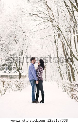 Couple hugging in a winter park. vertical photo. Winter, Vacation, Outdoor Concept