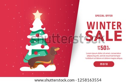 Christmas sale banner with fir tree and dog on winter landscape background