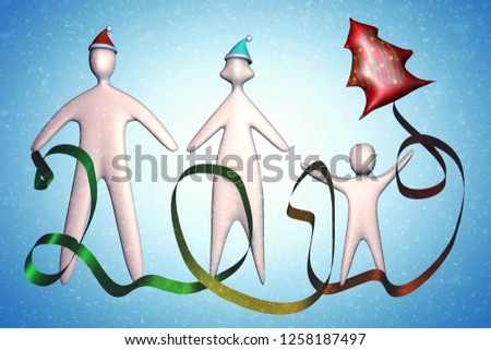 3d family mom dad and kid in santa hat with chirstmas tree balloon illustration full body isolated on snow flakes blue background