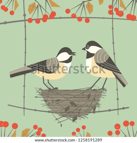 Chickadee bird couple. Cute comic cartoon. Birds sitting in straw nest. Minimal simpl wildlife design element. Male, female bird on tree branch. Template birding birdwatching card background