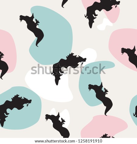 Seamless pattern Sea dragons black silhouette on colorful spots background. Fantasy modern irregular blot print for wall paper or fabric cloth. Abstract animals drawn texture, vector eps 10