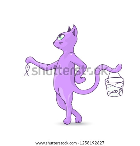 cat  with fish - vector character isolated on white background