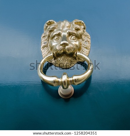A golden lion knocker on a blue background. Square format. Light diffused throughout the frame