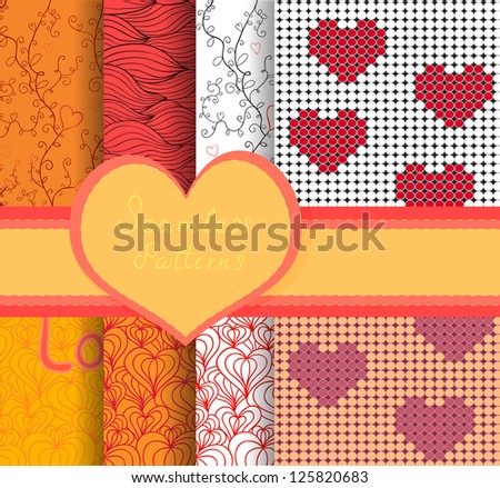 Eps 10 vector valentine seamless patterns set. Colorful backgrounds for your design. Sunny orange and laconic white tints. Contains Clipping Mask and patterns in Swatches palette.