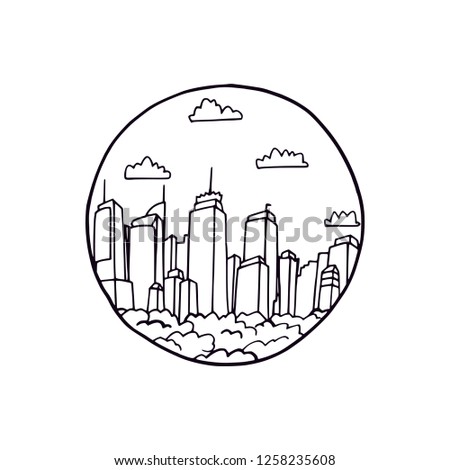 City in a circle outline silhouette background vector illustration shape design. Town with skyscrapers and modern architecture in a round shape. Simple shaped buildings logo landmark landscape.