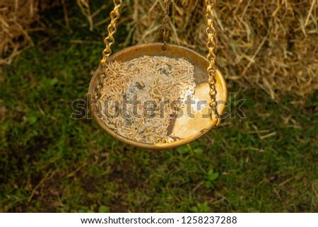 old scales metal hanging bowl grain millet farmer market trade